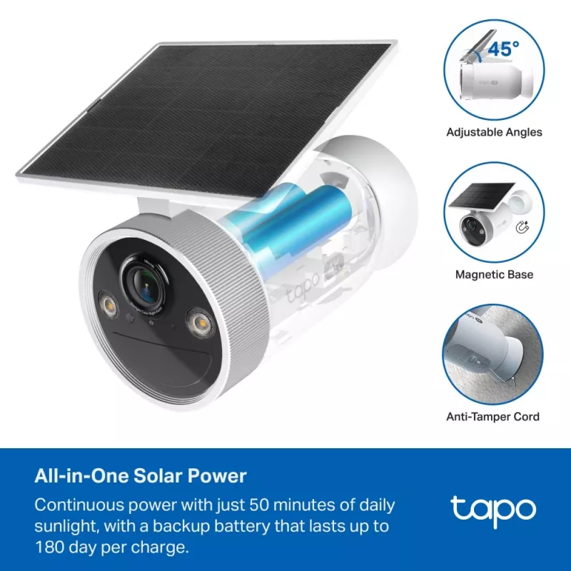 TP-Link Tapo Enhanced AI Solar Security Camera Ultra, belaidė, cilindrinė, Wi-Fi, lauko, 850 nm, 512 GB