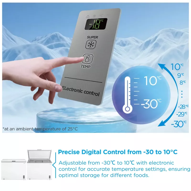 Midea MDRC411FZE01 krūtininis šaldiklis — laisvai pastatomas, 293 l talpos, E energijos klasė, 14 kg per 24 val. užšaldymo pajėgumas, baltas