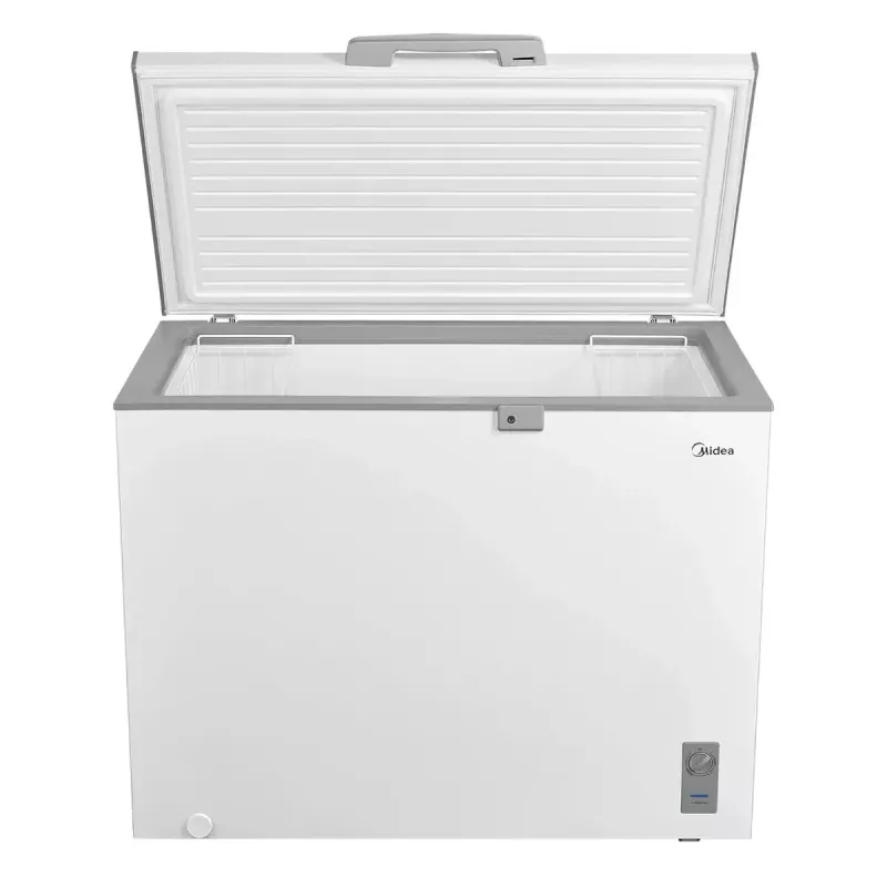 Midea MDRC411FZE01 krūtininis šaldiklis — laisvai pastatomas, 293 l talpos, E energijos klasė, 14 kg per 24 val. užšaldymo pajėgumas, baltas