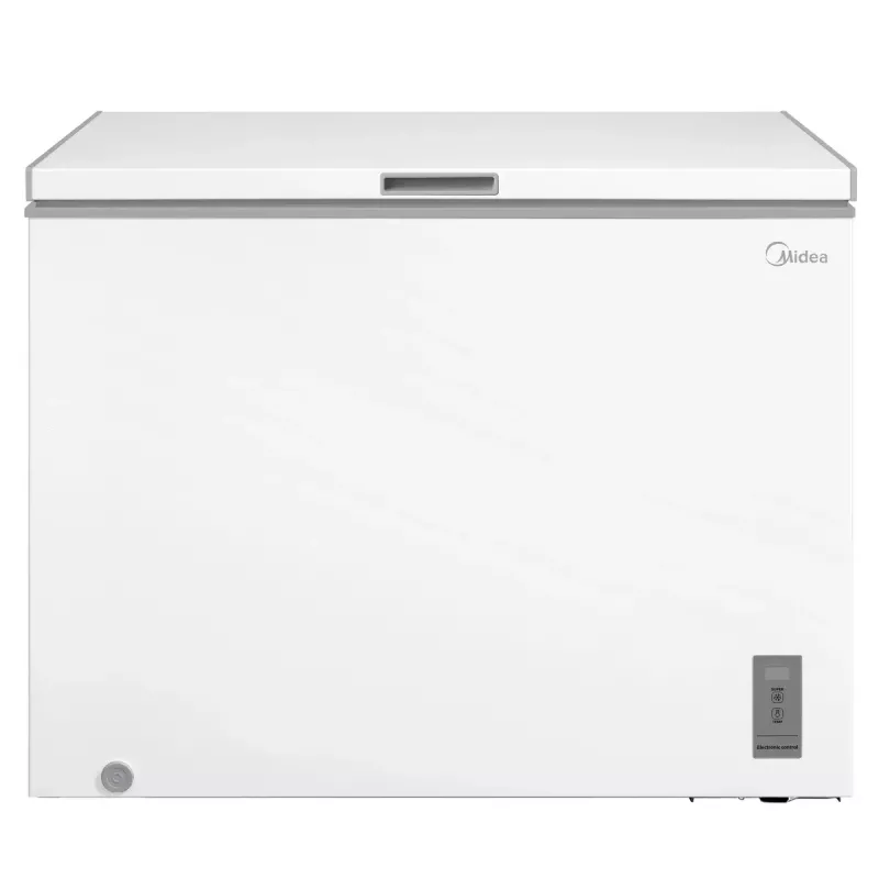 Midea MDRC411FZE01 krūtininis šaldiklis — laisvai pastatomas, 293 l talpos, E energijos klasė, 14 kg per 24 val. užšaldymo pajėgumas, baltas