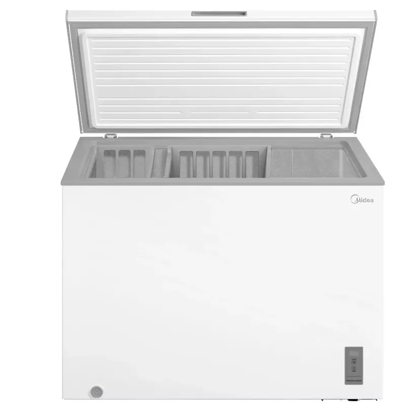 Midea MDRC411FZE01 krūtininis šaldiklis — laisvai pastatomas, 293 l talpos, E energijos klasė, 14 kg per 24 val. užšaldymo pajėgumas, baltas