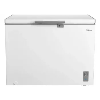 Midea MDRC411FZE01 krūtininis šaldiklis — laisvai pastatomas, 293 l talpos, E energijos klasė, 14 kg per 24 val. užšaldymo pajėgumas, baltas