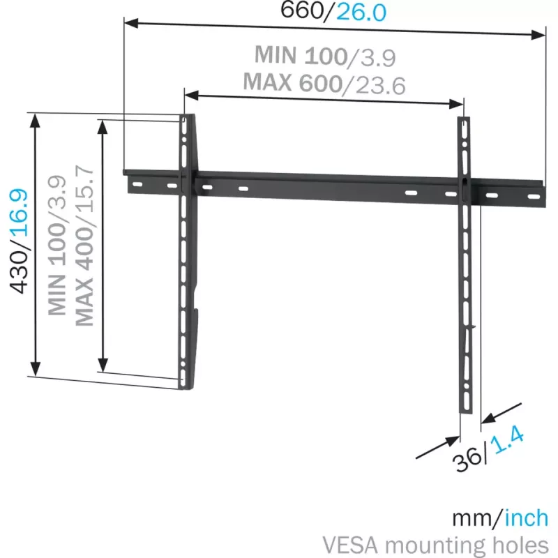 Vogel's sieninis laikiklis MNT 300 plokštiems ekranams iki 2,03 m (80 colių), 100 kg talpa, VESA 100x100–600x400, juodas