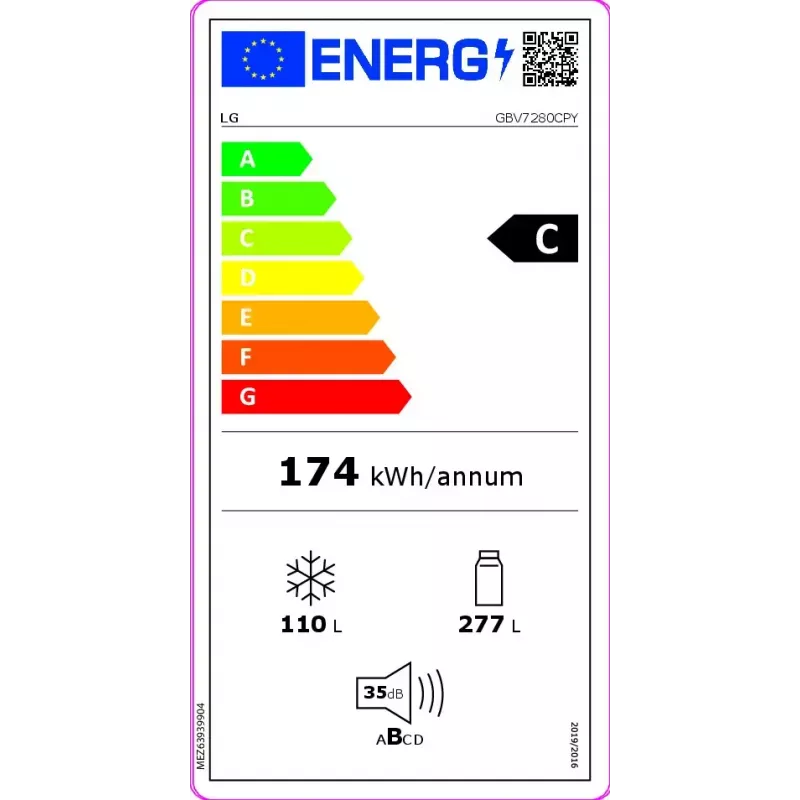 LG GBV7280CPY.APYQEUR šaldytuvas-šaldiklis Pastatomas 387 L Nerūdijantis plienas