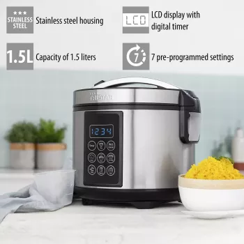 Multicooker Tristar RK-6132 — 1,5 L, 500 W, 7 automatinės programos, LCD, nerūdijantis plienas / juoda