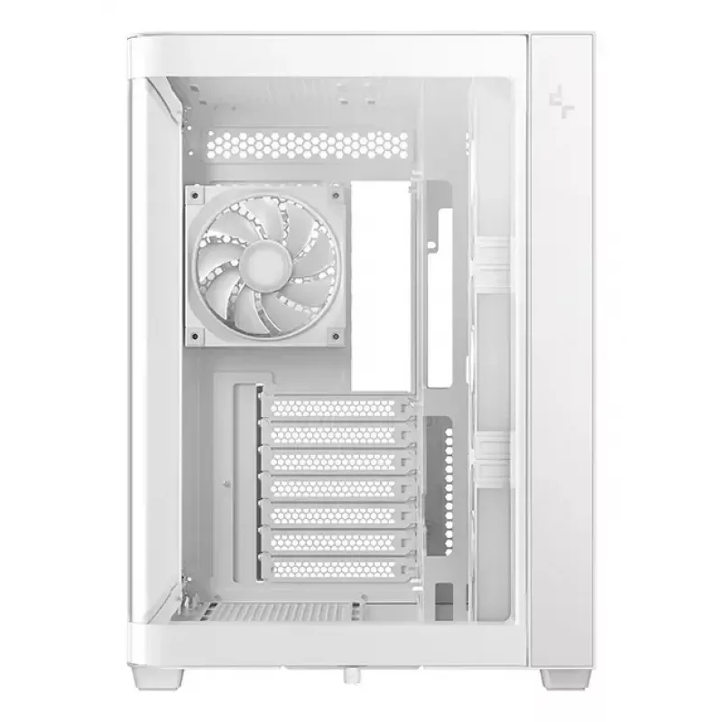 PC Tower Case DeepCool CG530U 4F White — maitinimo šaltinis gale, palaiko 3x120 mm šoninius + 1x120 mm galinį ventiliatorius, 120/140 mm ventiliatorių tvirtinimo vietos, 2,5 col. ir 3,5 col. HDD