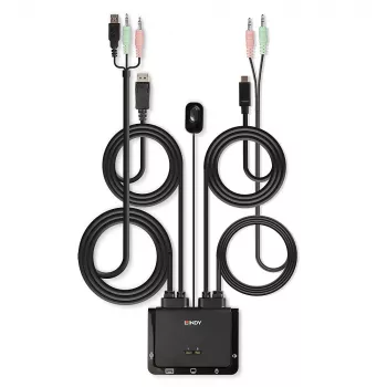 Lindy 2 prievadų DisplayPort 1.2, USB Type C, USB 2.0 ir garso kabelinis KVM komutatorius