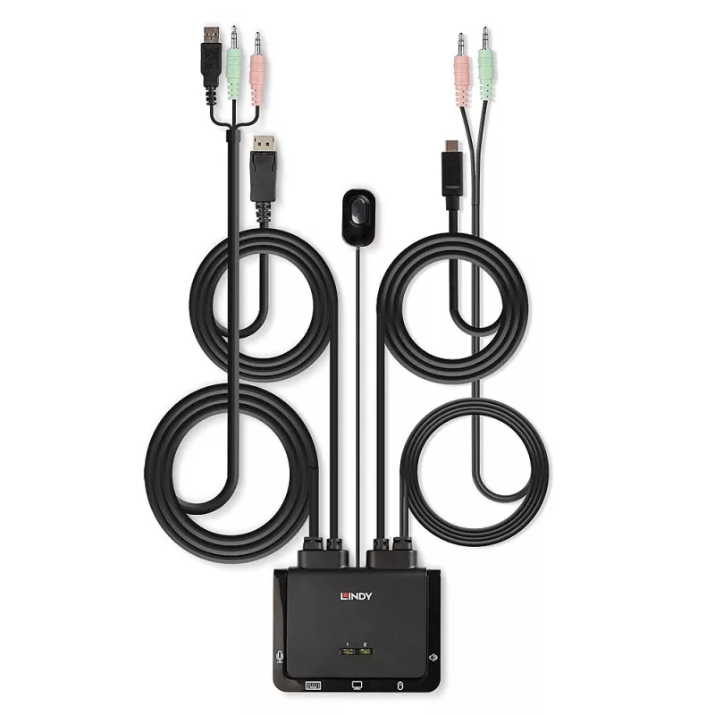 Lindy 2 prievadų DisplayPort 1.2, USB Type C, USB 2.0 ir garso kabelinis KVM komutatorius