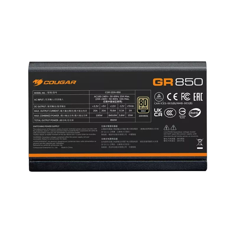 Maitinimo blokas Cougar GR 850W ATX3.1 PCIe 5.1 80 PLUS Gold, 850 W, 20+4 pin ATX, 120 mm ventiliatorius, juodas