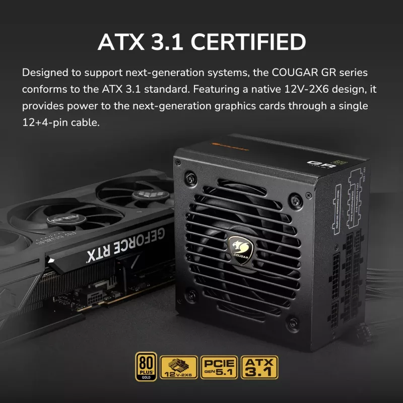 Maitinimo blokas Cougar GR 850W ATX3.1 PCIe 5.1 80 PLUS Gold, 850 W, 20+4 pin ATX, 120 mm ventiliatorius, juodas