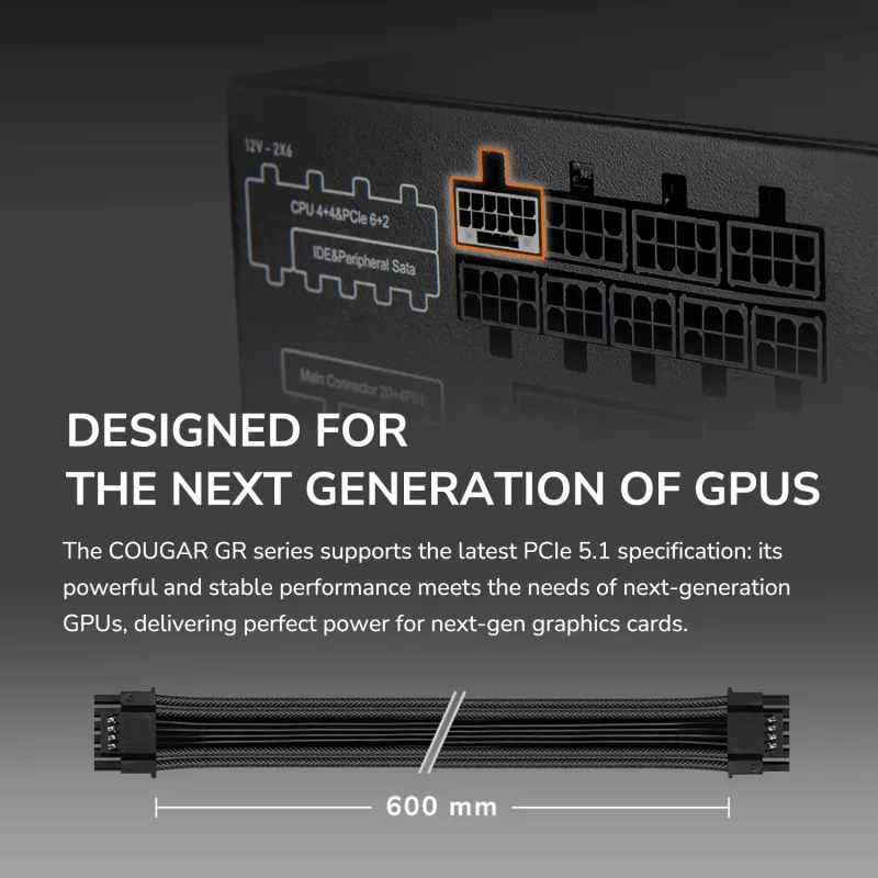Maitinimo blokas Cougar GR 850W ATX3.1 PCIe 5.1 80 PLUS Gold, 850 W, 20+4 pin ATX, 120 mm ventiliatorius, juodas