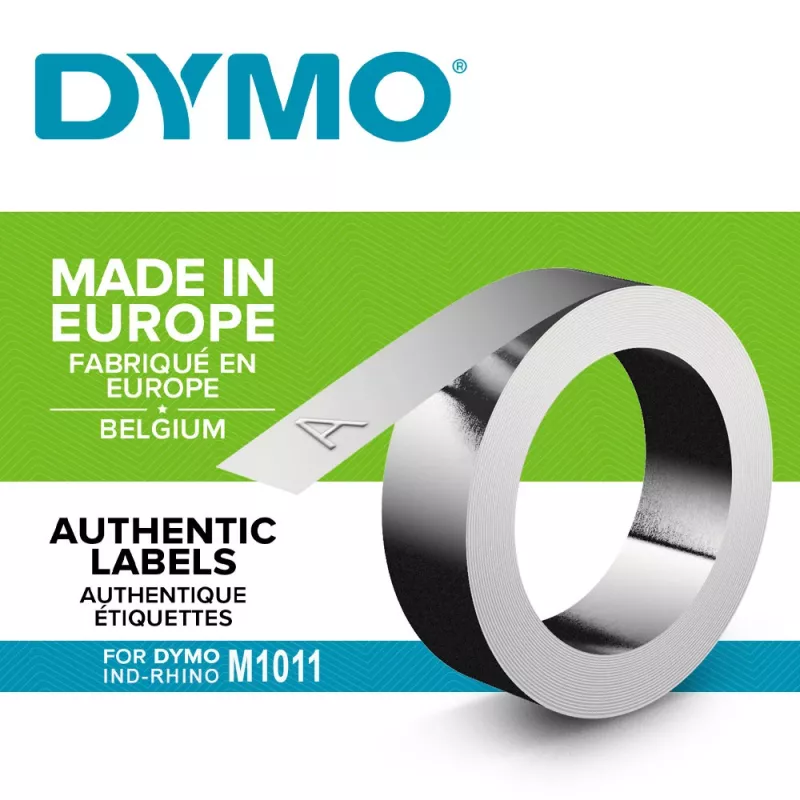DYMO Rhino aliuminio reljefinės lipdukų juostos | 12 mm x 3,65 m | Lipnios | Suderinamos su reljefiniu įspaudimo aparatu Rhino M1011 | Atsparios oro sąlygoms | Idealios „pasidaryk pats“ ir statyboms | Pagamintos Europoje