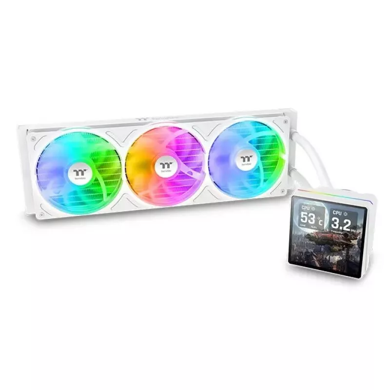 „Thermaltake TH360 V3 Ultra ARGB“ daugiafunkcis skysčio aušintuvas – 3x 120 mm ventiliatoriai, 500–2500 RPM, 12 V, baltas