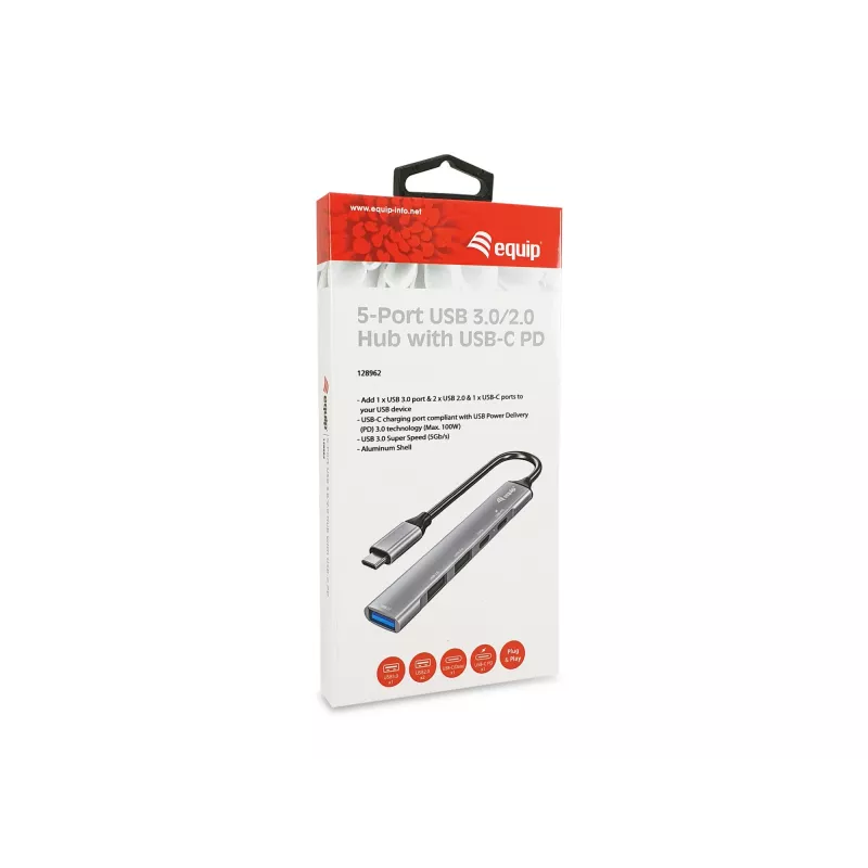Equip 5 prievadų USB 3.0/2.0 šakotuvas su USB-C PD