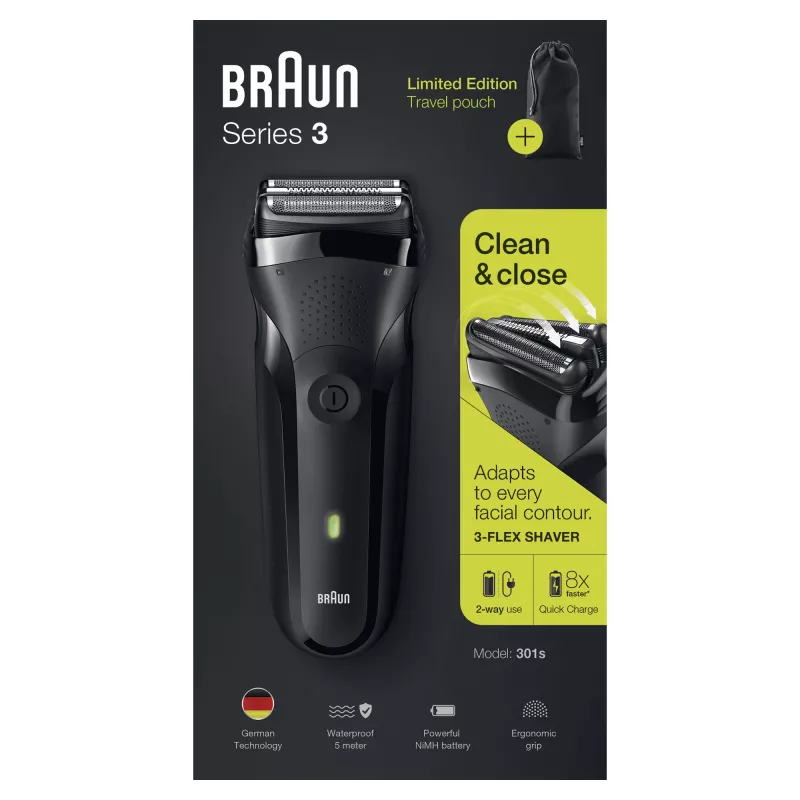 Braun Series 3 301s folijos skutiklis su kirpimo įrankiu, juodas