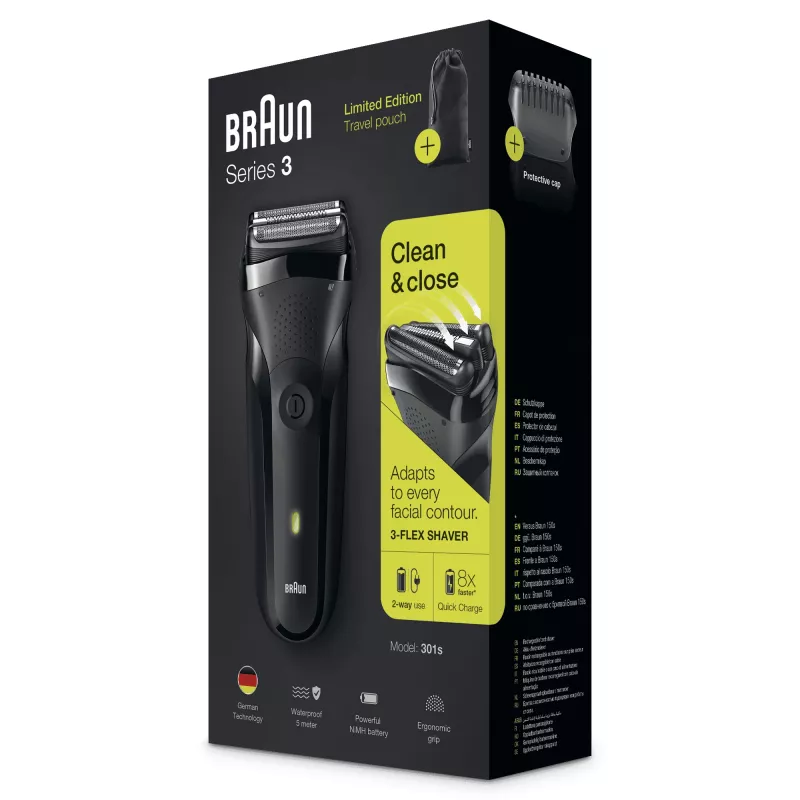Braun Series 3 301s folijos skutiklis su kirpimo įrankiu, juodas