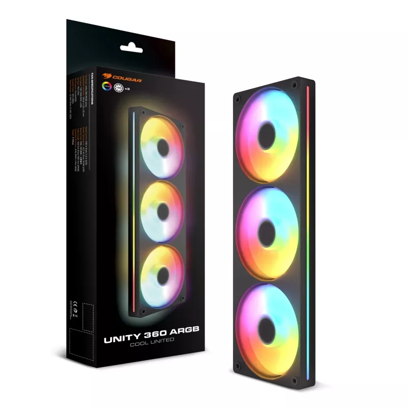 Ventiliatorius Cougar Unity360-FB Single-Frame 360 ARGB PWM Forward, 120mm×3, 700–2500 RPM, FDB, 5.4 mmH2O, juodas