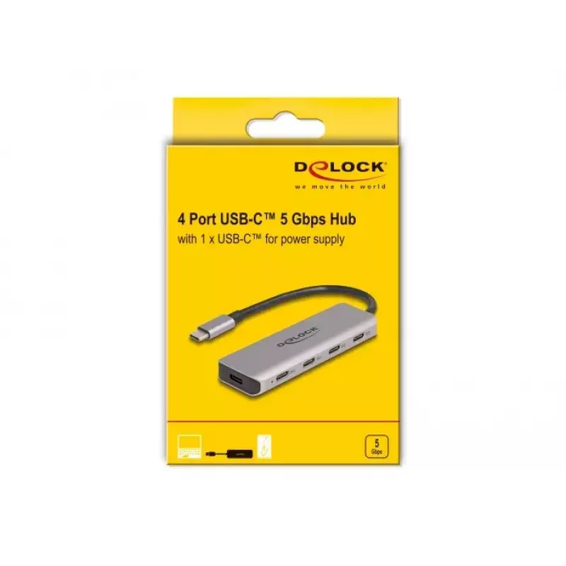 DeLOCK USB šakotuvas 5 Gbps 4 prievadai USB Type-C pilkas metalinis
