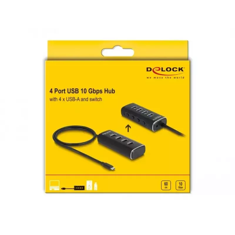 DeLOCK 4 prievadų USB šakotuvas 10 Gbps Type-C 60 cm laidas su jungikliu