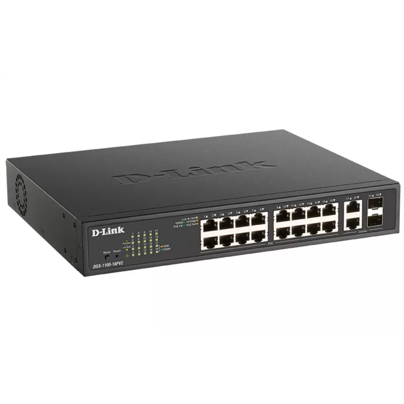 D-Link DGS-1100-18PV2 tinklo komutatorius valdomas L2 Gigabit Ethernet (10/100/1000) Power over Ethernet (PoE) 1U juodas