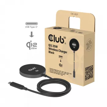 Belaidis įkrovimo kilimėlis CLUB3D CAC-3027 Qi2 25W su MagSafe suderinama magnetine kilimėle, DC kambarinis įkroviklis, 1 m laidas, juodas