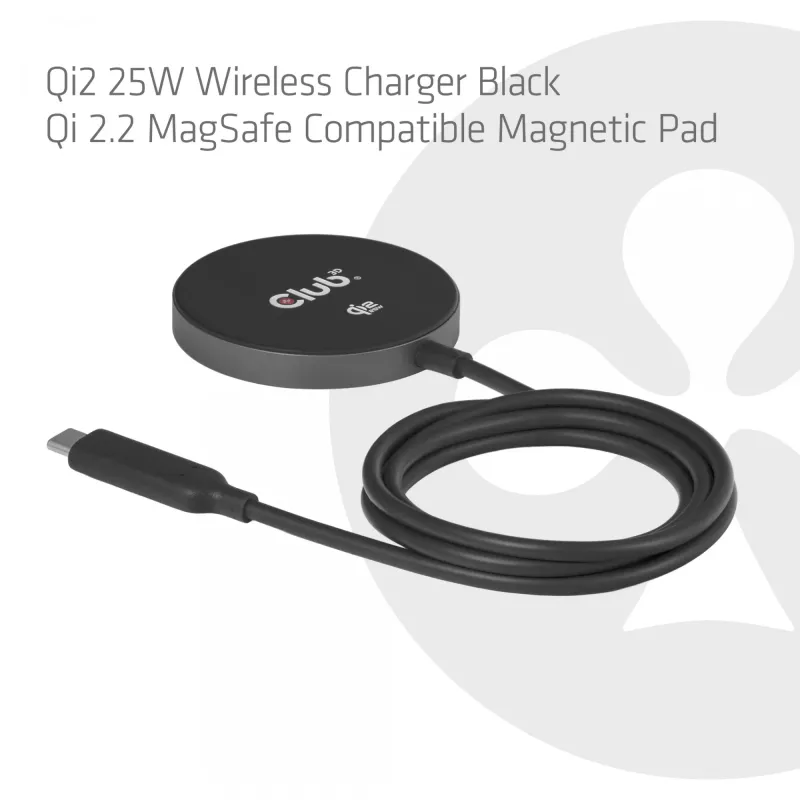 Belaidis įkrovimo kilimėlis CLUB3D CAC-3027 Qi2 25W su MagSafe suderinama magnetine kilimėle, DC kambarinis įkroviklis, 1 m laidas, juodas