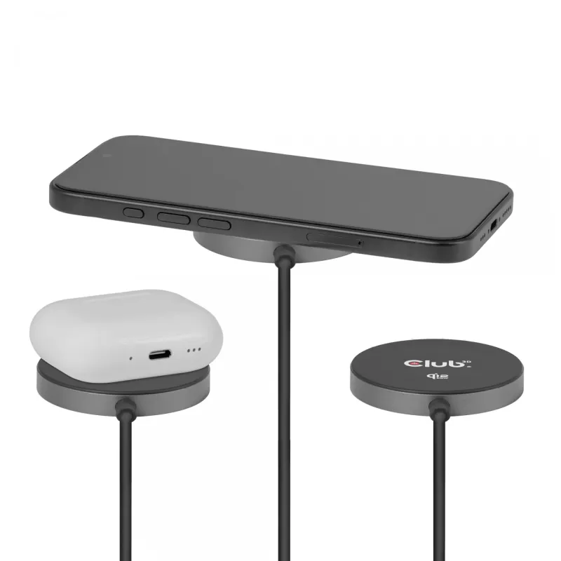 Belaidis įkrovimo kilimėlis CLUB3D CAC-3027 Qi2 25W su MagSafe suderinama magnetine kilimėle, DC kambarinis įkroviklis, 1 m laidas, juodas