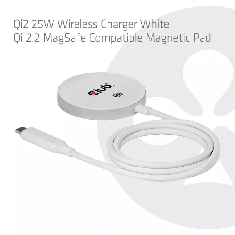 Belaidis įkroviklis club 3d CAC-3026 25W Qi2 magnetinis kilimėlis, suderinamas su Qi 2.2 MagSafe, 1 m laidas, baltas