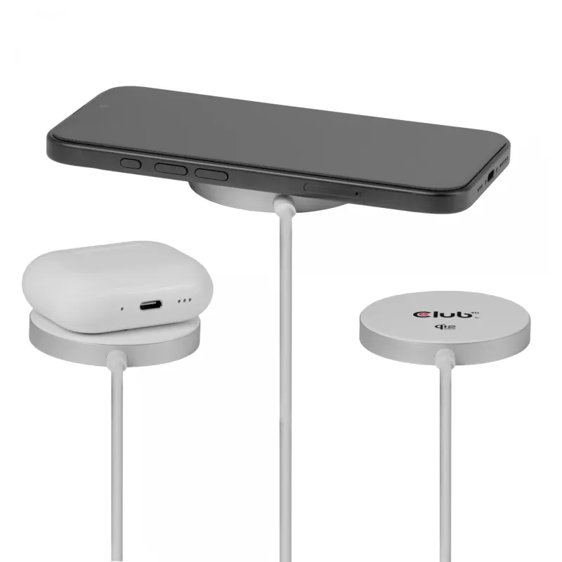 Belaidis įkroviklis club 3d CAC-3026 25W Qi2 magnetinis kilimėlis, suderinamas su Qi 2.2 MagSafe, 1 m laidas, baltas