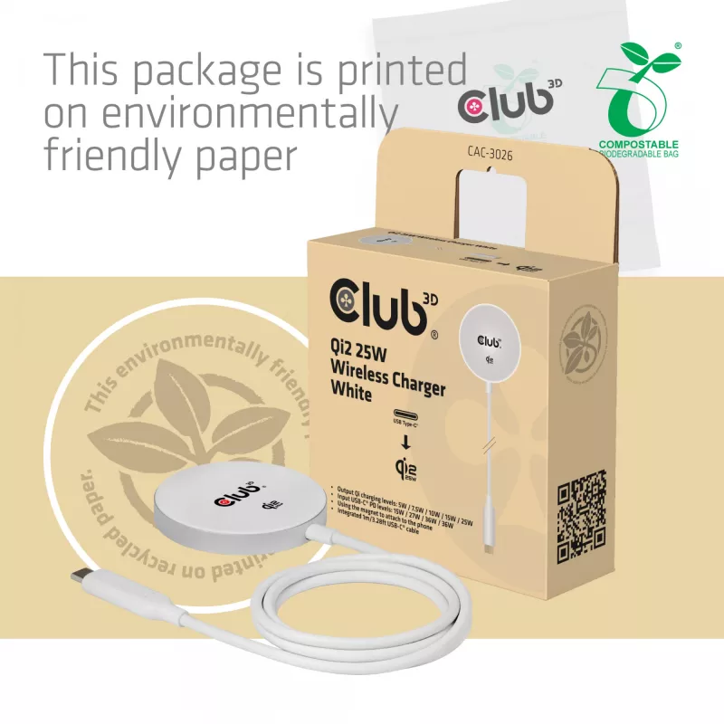 Belaidis įkroviklis club 3d CAC-3026 25W Qi2 magnetinis kilimėlis, suderinamas su Qi 2.2 MagSafe, 1 m laidas, baltas