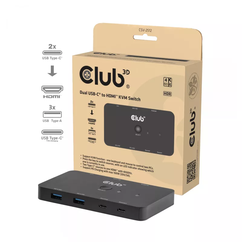 KVM jungiklis club 3d Dual USB-C į HDMI, 2 prievadų, 4K UHD 3840x2160, USB-C pultas, 65W PD, juodas