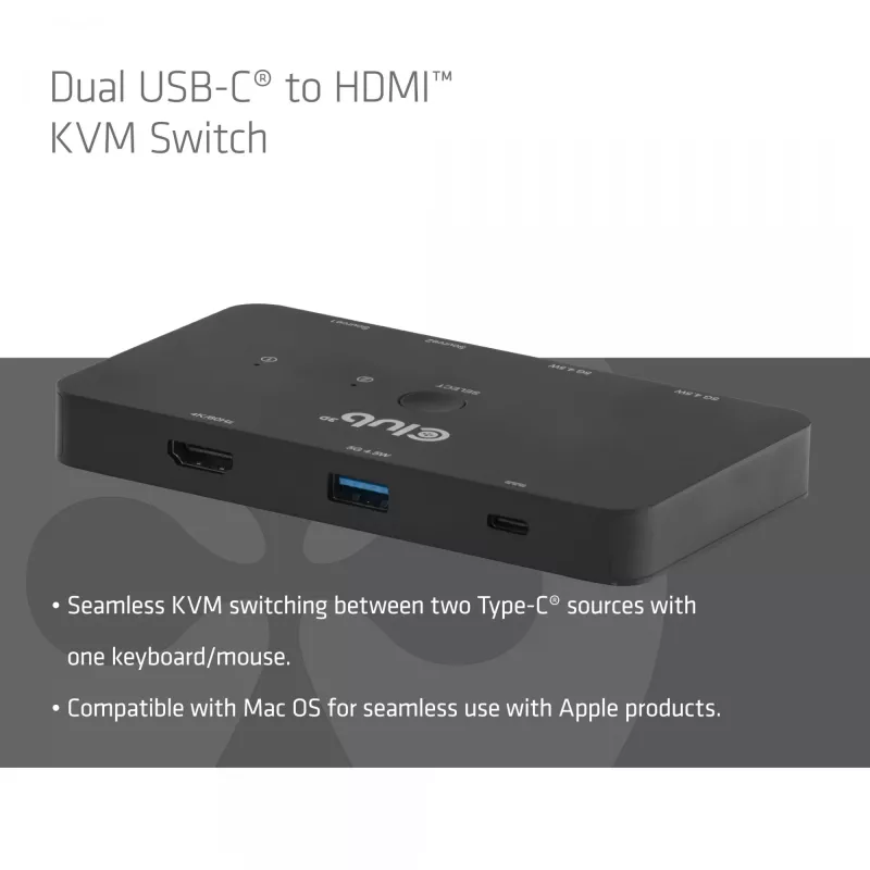 KVM jungiklis club 3d Dual USB-C į HDMI, 2 prievadų, 4K UHD 3840x2160, USB-C pultas, 65W PD, juodas