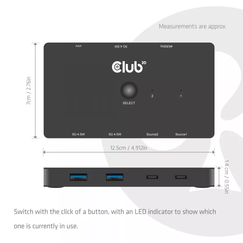 KVM jungiklis club 3d Dual USB-C į HDMI, 2 prievadų, 4K UHD 3840x2160, USB-C pultas, 65W PD, juodas