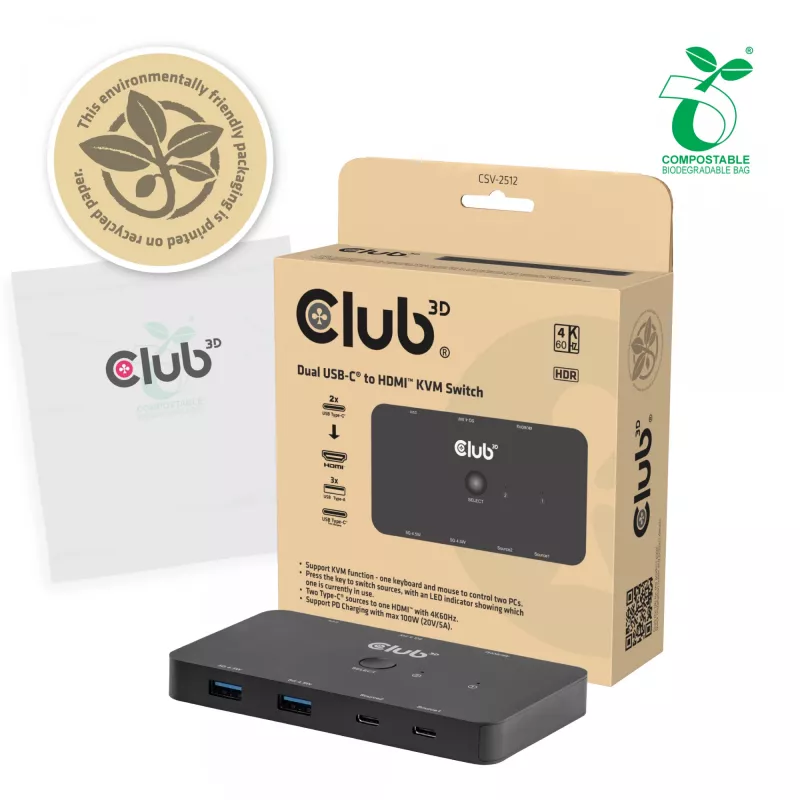 KVM jungiklis club 3d Dual USB-C į HDMI, 2 prievadų, 4K UHD 3840x2160, USB-C pultas, 65W PD, juodas