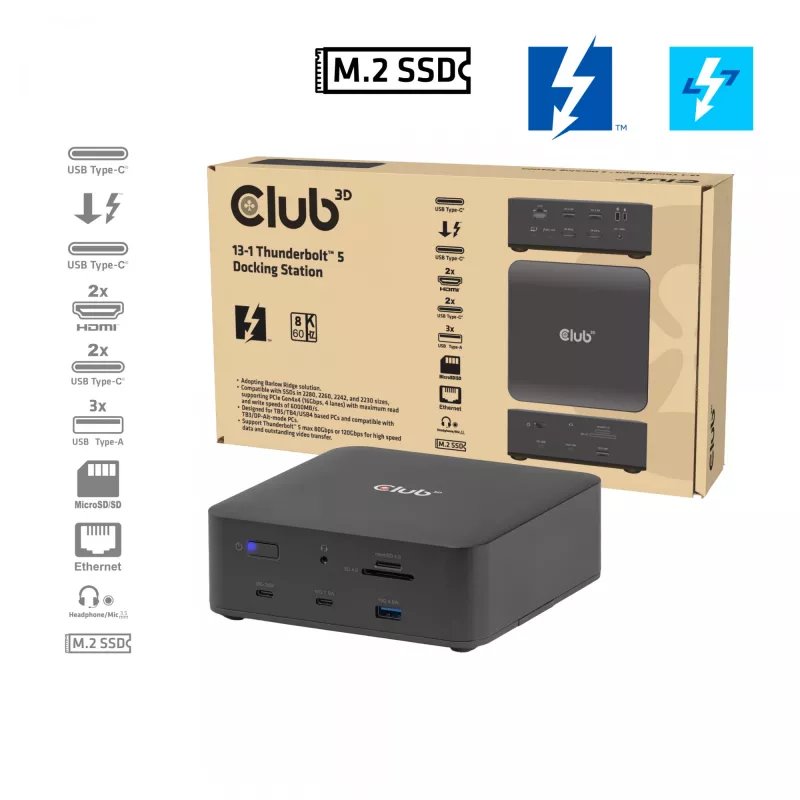Dokų stotelė CLUB3D CSV-2562 Thunderbolt 5, M.2 SSD, 2×HDMI 8K60Hz, 180W, 120 Gbit/s