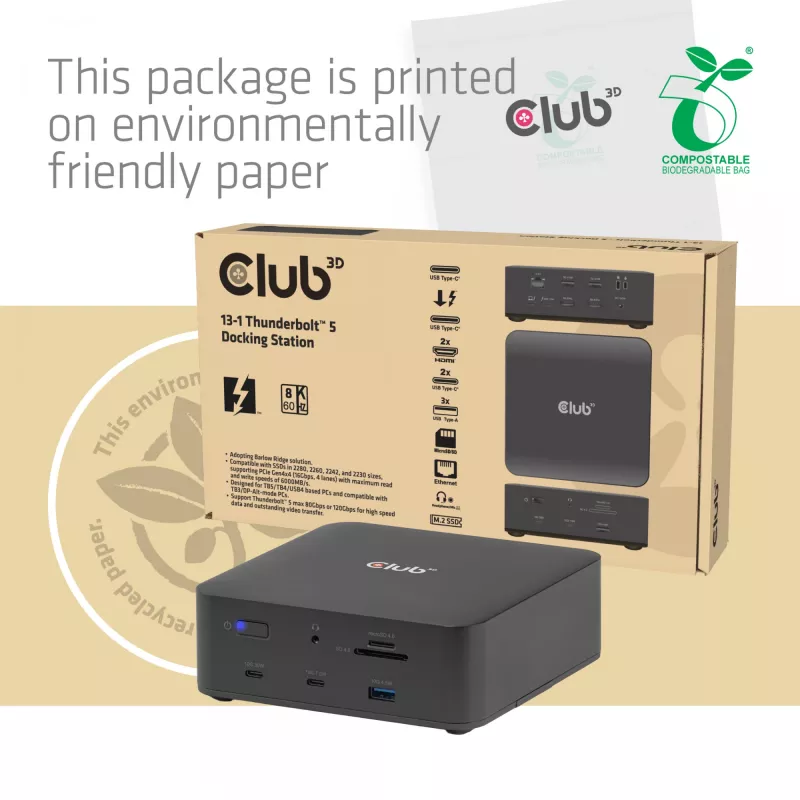 Dokų stotelė CLUB3D CSV-2562 Thunderbolt 5, M.2 SSD, 2×HDMI 8K60Hz, 180W, 120 Gbit/s