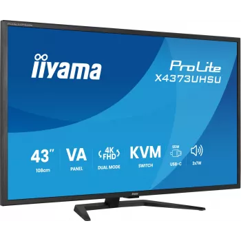 43 colių IIYAMA ProLite X4373UHSU-B2 LED 4K Ultra HD monitorius, 3840×2160, VA skydas, 3 ms, 450 cd/m², USB 3.2 šakotuvas, garsiakalbiai, VESA, juodas