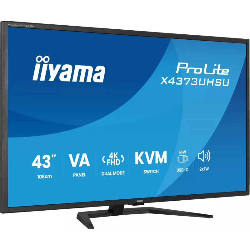43 colių IIYAMA ProLite X4373UHSU-B2 LED 4K Ultra HD monitorius, 3840×2160, VA skydas, 3 ms, 450 cd/m², USB 3.2 šakotuvas, garsiakalbiai, VESA, juodas