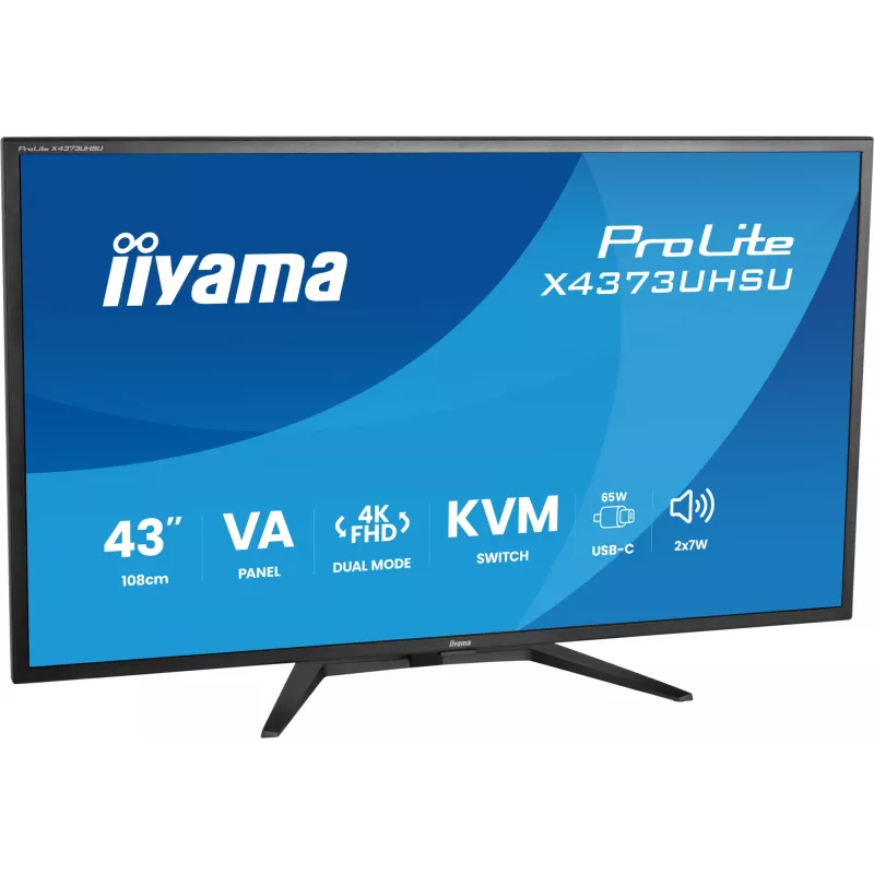 43 colių IIYAMA ProLite X4373UHSU-B2 LED 4K Ultra HD monitorius, 3840×2160, VA skydas, 3 ms, 450 cd/m², USB 3.2 šakotuvas, garsiakalbiai, VESA, juodas