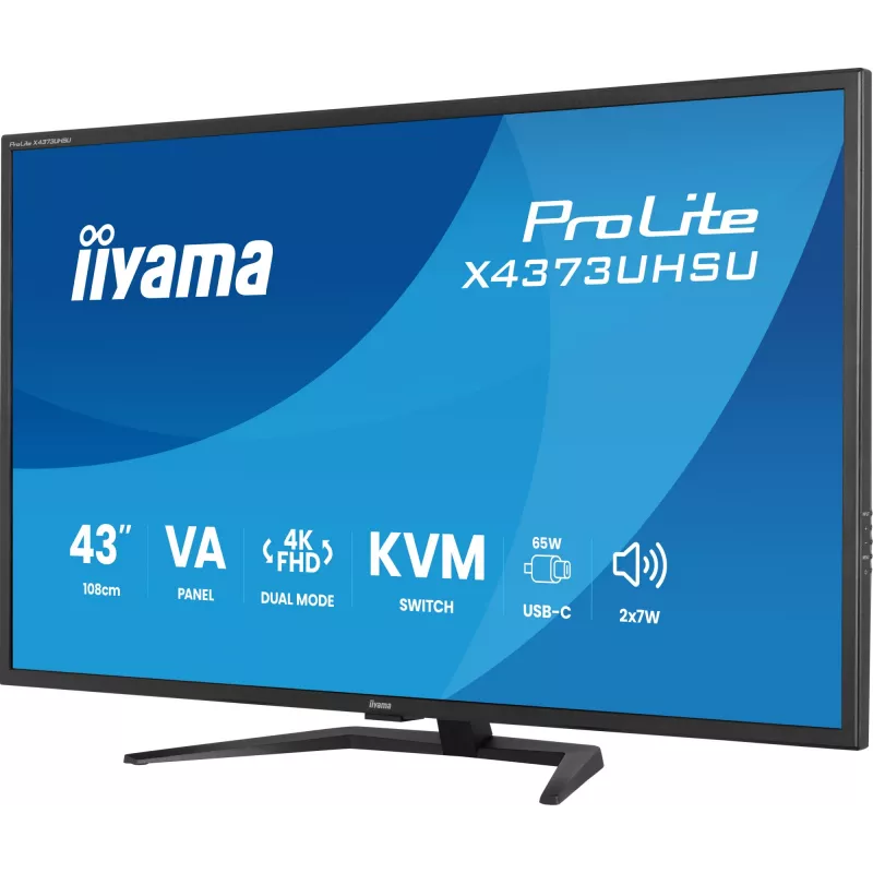 43 colių IIYAMA ProLite X4373UHSU-B2 LED 4K Ultra HD monitorius, 3840×2160, VA skydas, 3 ms, 450 cd/m², USB 3.2 šakotuvas, garsiakalbiai, VESA, juodas