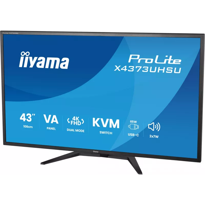 43 colių IIYAMA ProLite X4373UHSU-B2 LED 4K Ultra HD monitorius, 3840×2160, VA skydas, 3 ms, 450 cd/m², USB 3.2 šakotuvas, garsiakalbiai, VESA, juodas