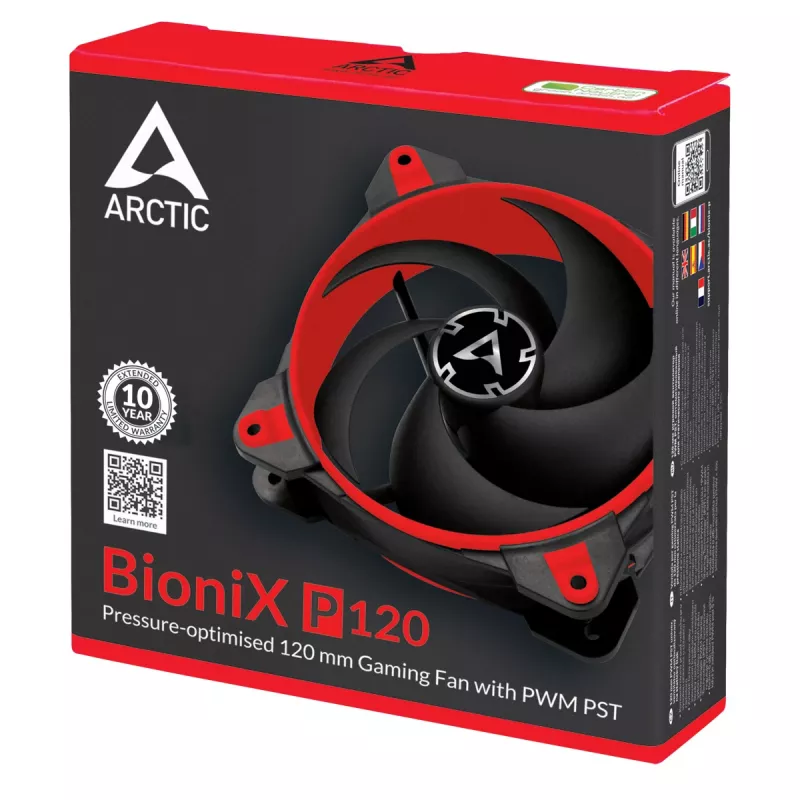 ARCTIC BioniX P120 (raudonas) – slėgiui optimizuotas 120 mm žaidimų ventiliatorius su PWM PST