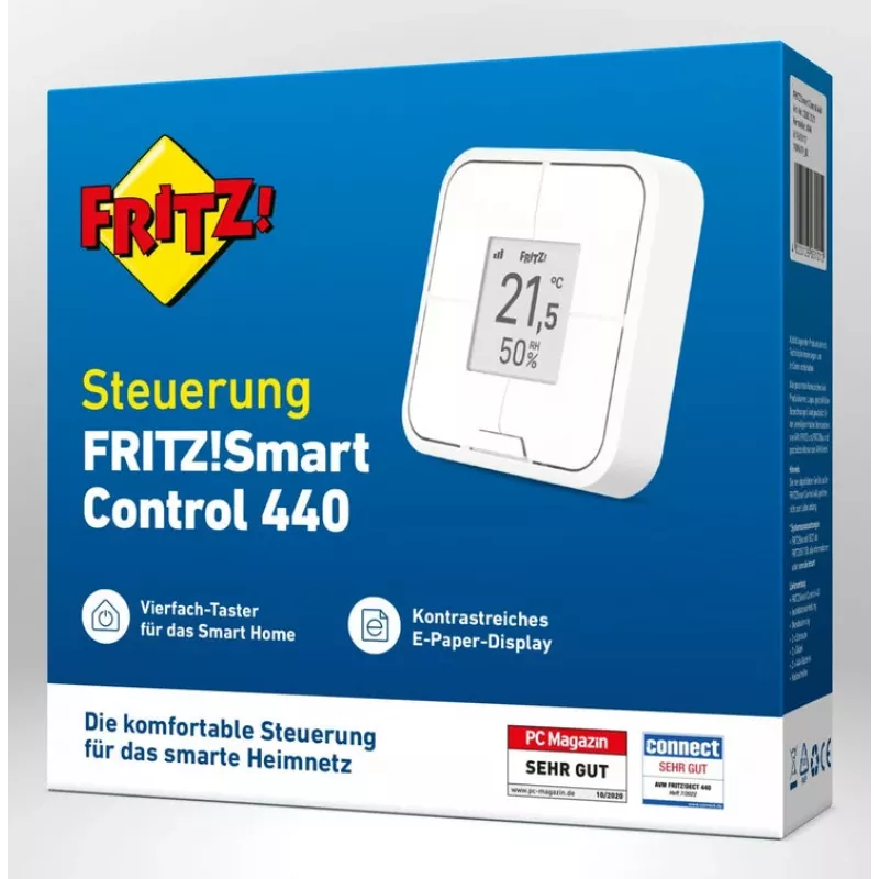 Prie sienos tvirtinamas belaidis išmanusis valdiklis FRITZ Smart Control 440 — baltas, 69×69×18 mm