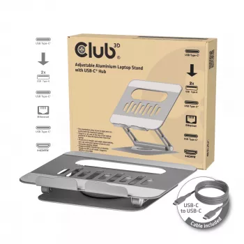 CLUB3D Reguliuojamas aliuminis nešiojamojo kompiuterio stovas su USB-C® šakotuvu, pilka, 260 mm, 224 mm, 56 mm, 1,76 kg, 315 mm