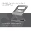 CLUB3D reguliuojamas aliumininis nešiojamojo kompiuterio stovas su USB-C® centru, pilka, 260 mm, 224 mm, 56 mm, 1,76 kg, 315 mm