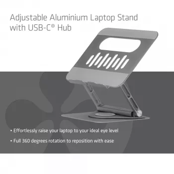 CLUB3D Reguliuojamas aliuminis nešiojamojo kompiuterio stovas su USB-C® šakotuvu, pilka, 260 mm, 224 mm, 56 mm, 1,76 kg, 315 mm