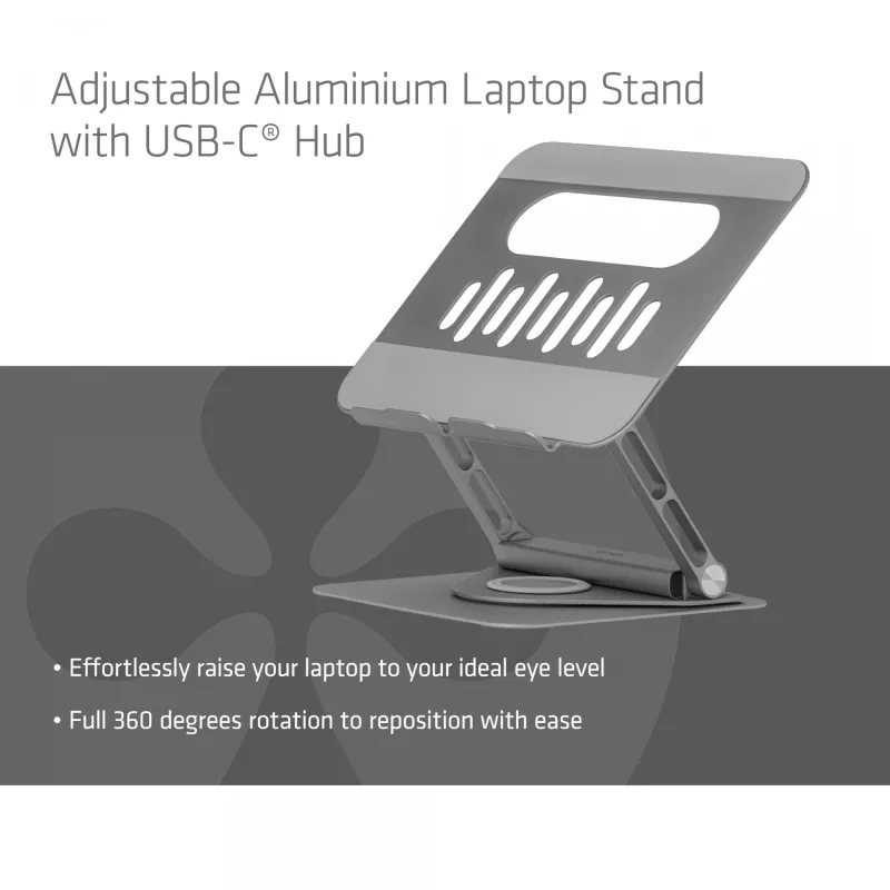 CLUB3D reguliuojamas aliumininis nešiojamojo kompiuterio stovas su USB-C® centru, pilka, 260 mm, 224 mm, 56 mm, 1,76 kg, 315 mm
