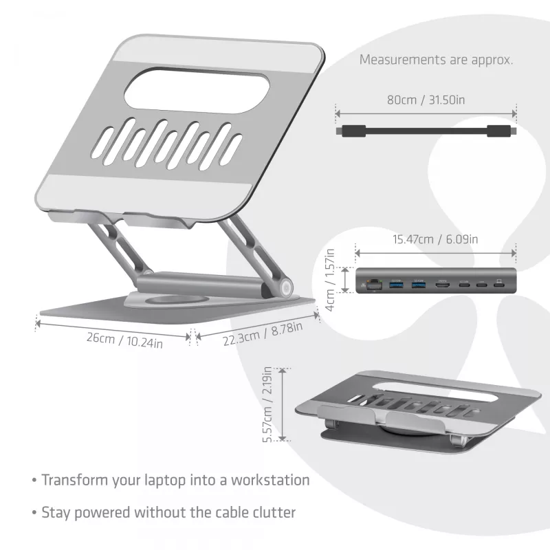 CLUB3D reguliuojamas aliumininis nešiojamojo kompiuterio stovas su USB-C® centru, pilka, 260 mm, 224 mm, 56 mm, 1,76 kg, 315 mm