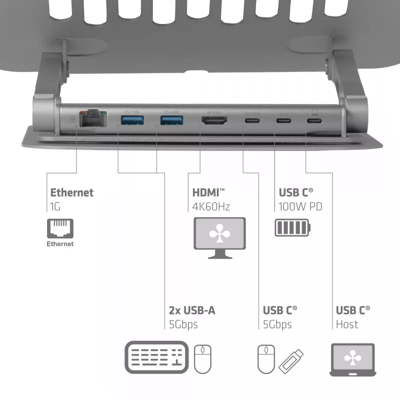 CLUB3D reguliuojamas aliumininis nešiojamojo kompiuterio stovas su USB-C® centru, pilka, 260 mm, 224 mm, 56 mm, 1,76 kg, 315 mm