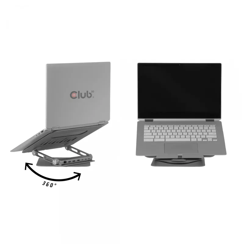 CLUB3D reguliuojamas aliumininis nešiojamojo kompiuterio stovas su USB-C® centru, pilka, 260 mm, 224 mm, 56 mm, 1,76 kg, 315 mm